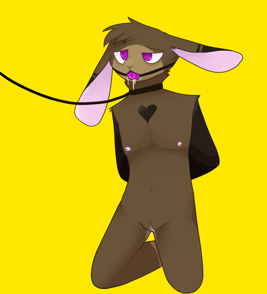 2019 absurd_res anthro areolae ball_gag berry_(berrybutts) berrybutts bodily_fluids bondage bound collar cuntboy digital_media_(artwork) dripping drooling erect_nipples fur gag gagged genital_fluids hi_res intersex lagomorph leash leporid mammal nipples nude pussy rabbit saliva simple_background solo solo_focus