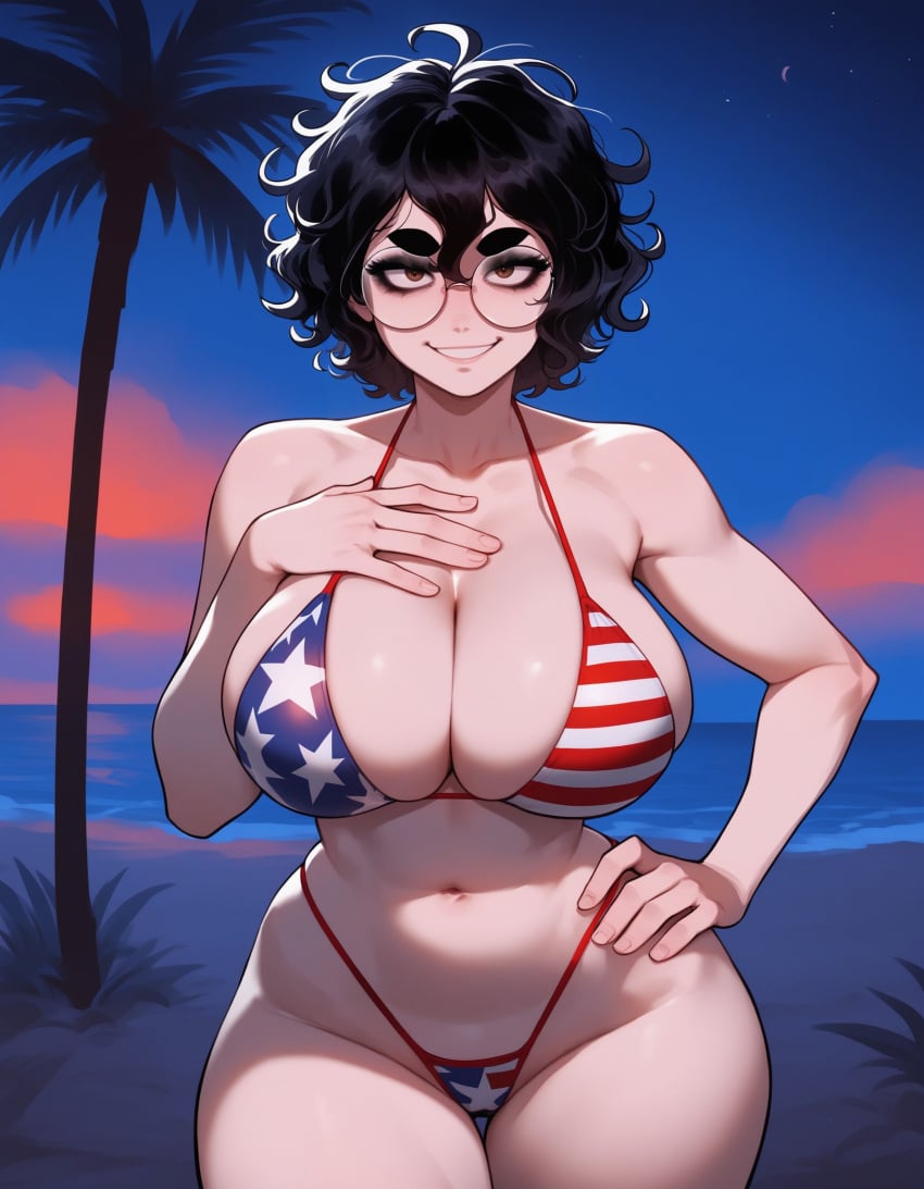 1girls 4th_of_july ai_generated american_flag_bikini ass beach big_ass big_breasts bikini black_hair breasts brown_eyes curvy curvy_female curvy_figure eyeshadow female glasses goth hair_between_eyes hourglass_figure hourglass_figured_female large_ass large_breasts light-skinned_female light_skin messy_hair midriff naughty naughty_face olie perfect_body round_eyewear round_glasses sexy sexy_body short_hair sunset thick_ass thick_eyelashes thick_thighs thong thong_bikini voluptuous wavy_hair xandr