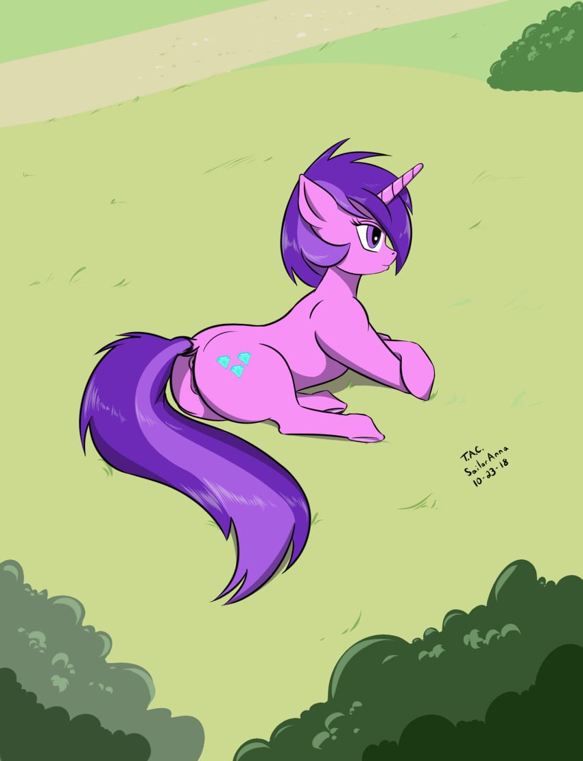 2018 amethyst_star_(mlp) animal_genitalia animal_pussy anus cutie_mark dock equid equine_pussy female feral friendship_is_magic fur grass hair hi_res horn mammal my_little_pony outside purple_fur purple_hair pussy sailoranna solo unicorn unicorn_horn