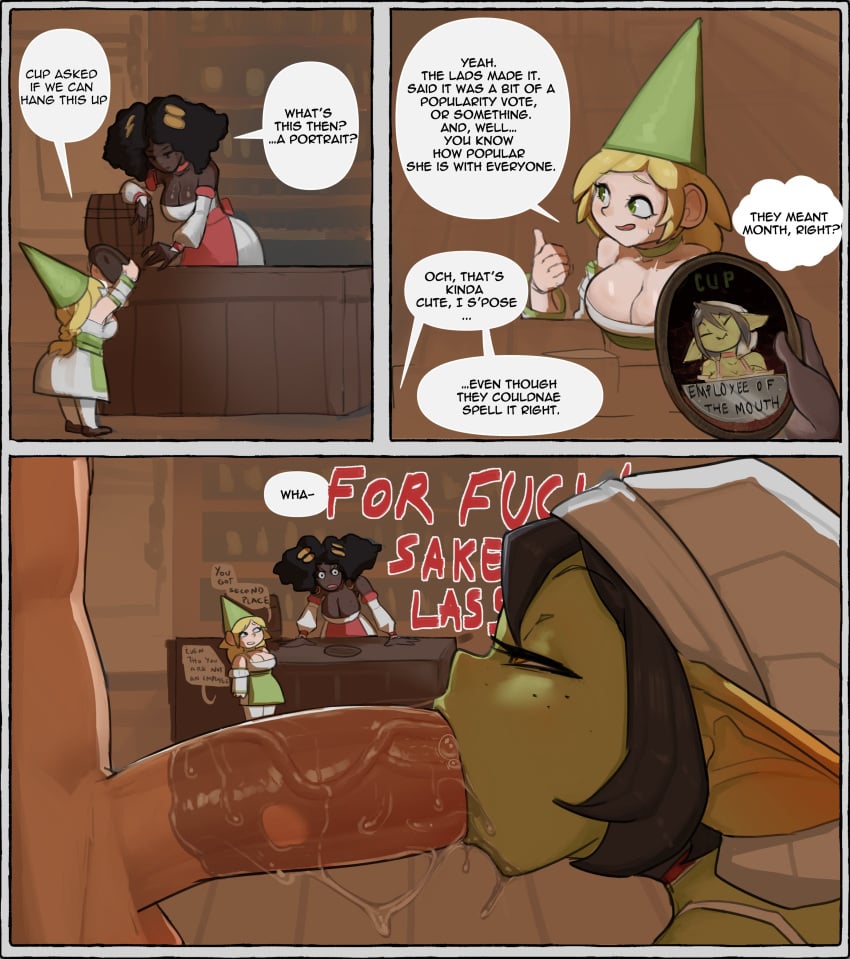 1boy 1girls comic cup_(dddoodles) dddoodles dialogue fellatio female freckles goblin goblin_female green_skin huge_cock loola_(dddoodles) male oral pointy_ears public_sex text