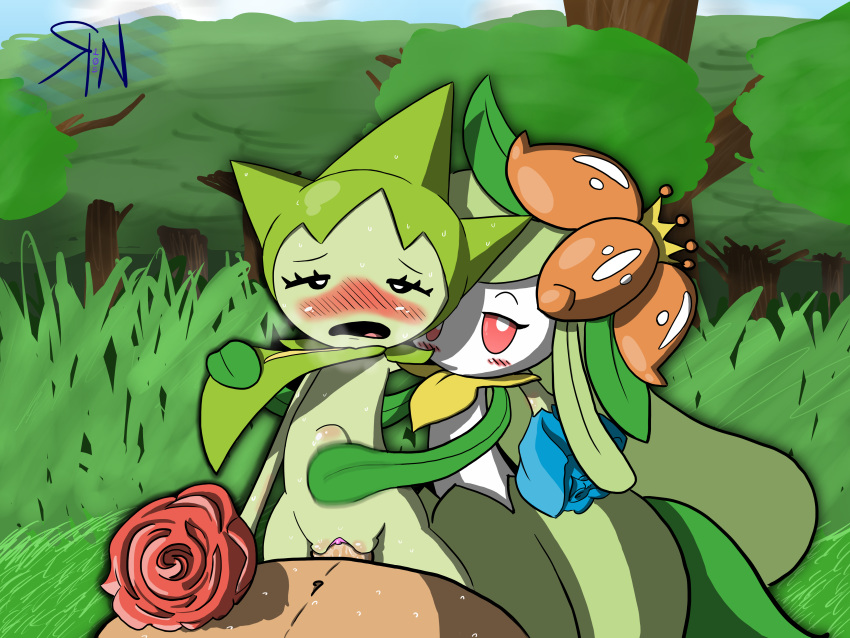 1boy 2girls background being_watched black_eyes blush cum cum_inside eyelashes female feral flat_chest flower grass green_skin half-closed_eyes hand_on_belly heavy_breathing human interspecies larger_male leaf lilligant male nintendo nude on_top open_mouth original_character outdoors penetration penis pink_eyes plant pokemon pokemon_bw pokemon_rse pokephilia pussy pussy_juice roselia sex size_difference smaller_female source_request stomach_bulge straight text tongue watermark white_skin wide_hips x-ray