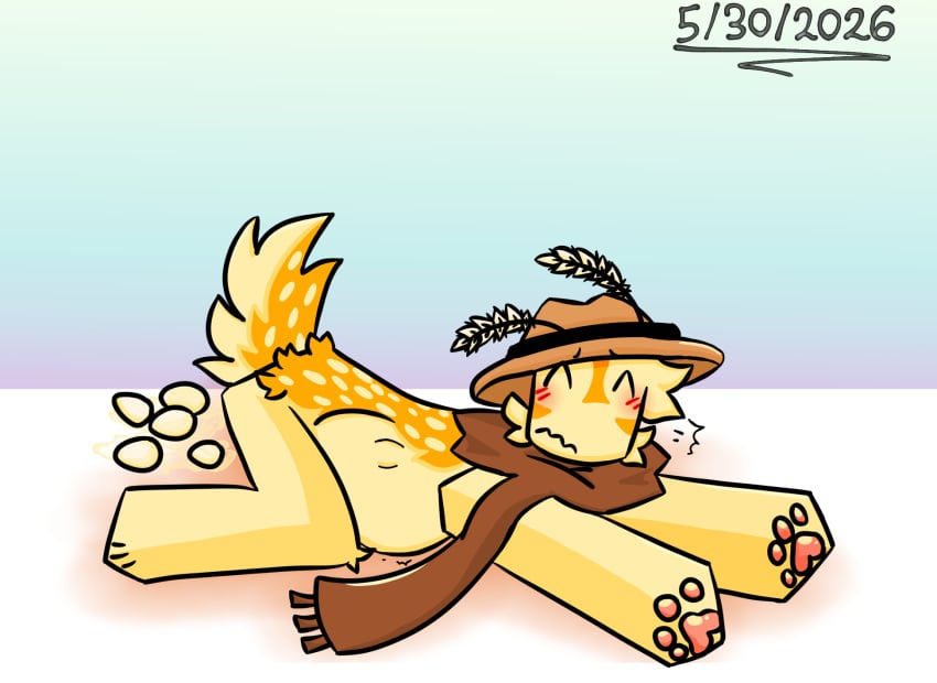 ^_^ all_fours anal_fluids antennae_(anatomy) anthro belly bent_legs bent_over big_belly blush bodily_fluids cel_shading clothing covered_penis dated egg egg_belly egg_bulge eggnant eggs_in_belly elemental_creature emanata eyebrows eyebrows_through_hat eyes_closed flora_fauna fur furrowed_eyebrows gradient gradient_background happy_world_with_happy_people hat head_tuft headgear headwear hi_res leg_tuft male mammal markings multicolored_body multicolored_fur nude nude_anthro nude_male oviposition pawpads paws plant pregnant raised_tail roblox robloxian scarf scut_tail shaded short_tail simple_background smile solo spots spotted_body spotted_fur spotted_markings spotted_tail squiggle_mouth tail tail_markings thomas_(hwwhp) tuft tufted_fur unusual_eyes wheat wheat_antennae whycuzweplayingbendy