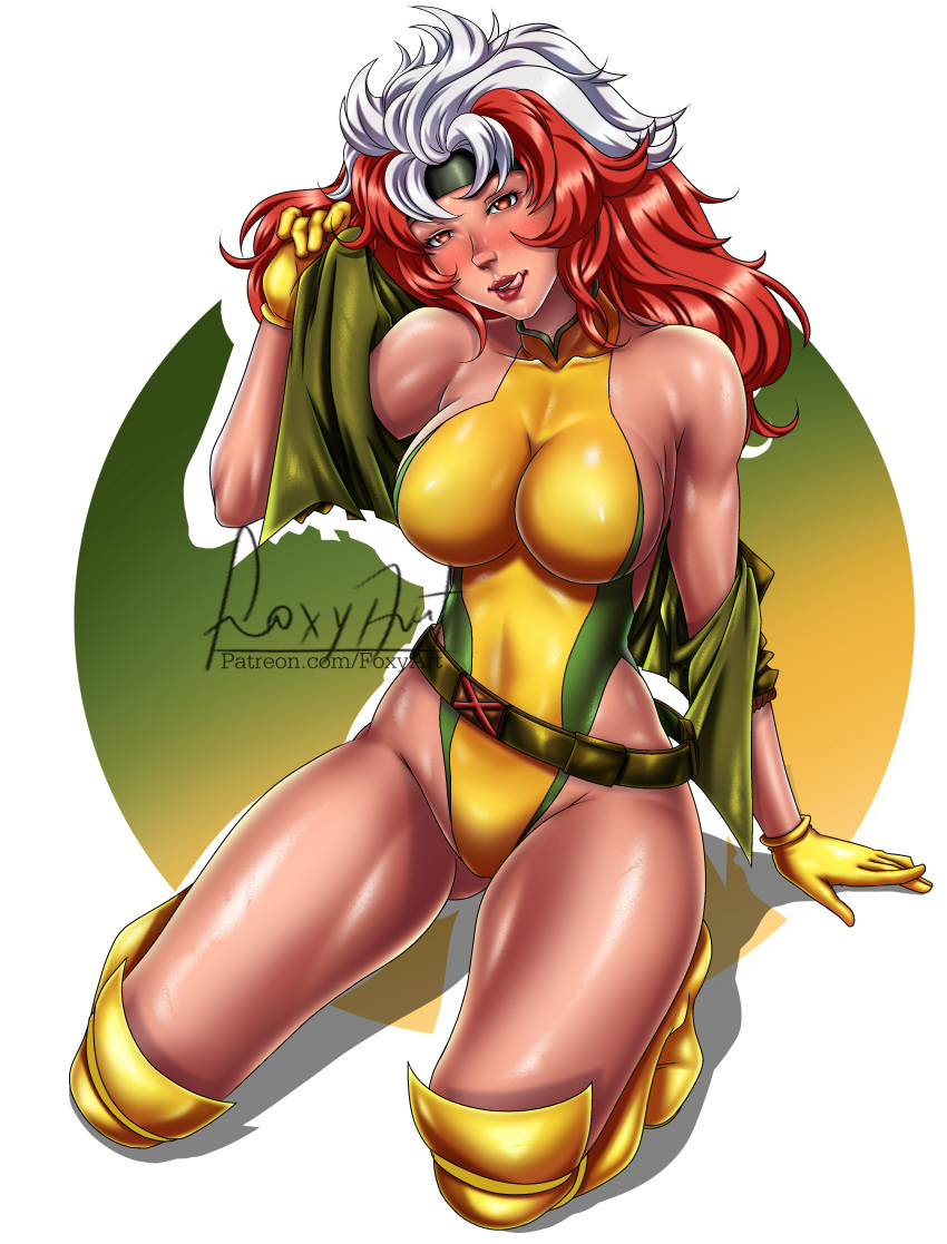 anna_marie big_breasts brown_hair clothing female female_only foxyart green_eyes licking_lips long_hair marvel mature_female mutant rogue_(x-men) solo solo_female solo_focus superheroine thick_thighs thighhigh_boots thighhighs two_tone_hair white_highlights x-men