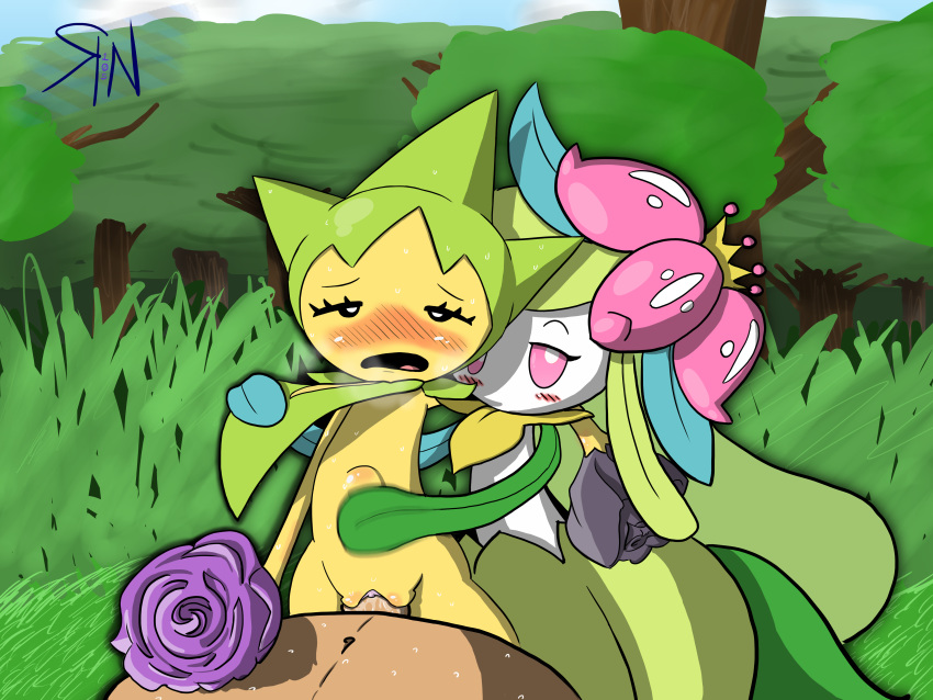 1boy 2girls alternate_color background being_watched black_eyes blush cum cum_inside eyelashes female feral flat_chest flower grass green_skin half-closed_eyes hand_on_belly heavy_breathing human interspecies larger_male leaf lilligant male nintendo nude on_top open_mouth original_character outdoors penetration penis pink_eyes plant pokémon_(species) pokemon pokemon_bw pokemon_rse pokephilia pussy pussy_juice roselia sex shiny_pokemon size_difference smaller_female source_request stomach_bulge straight text tongue watermark white_skin wide_hips yellow_skin