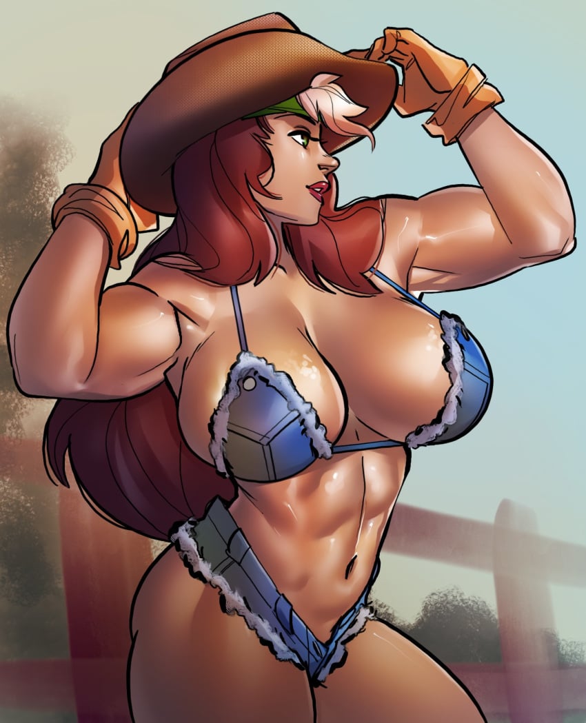 1girls abs anna_marie belly_button big_breasts bikini bikini_top breasts breasts_bigger_than_head brown_hair busty cleavage clothed clothes clothing color colored cowboy_hat daisy_dukes daisy_dukes_bikinis_on_top day denim denim_shorts detailed_background eyelashes farm farmer farmgirl female female_focus female_only gloves green_eyes hair hat headband homo_superior humanoid large_breasts light-skinned_female light_skin lipstick long_hair makeup marvel marvel_comics midriff multicolored_hair muscles muscular muscular_female mutant navel no_humans open_eyes outdoors outside ph red_lips red_lipstick rogue_(x-men) shiny shiny_skin short_shorts shorts skimpy solo solo_female solo_focus standing stomach superheroine two_tone_hair uncensored very_long_hair white_hair x-men