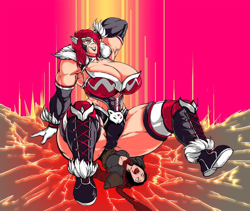 animal_ears artist_request barbarian_(diablo) breasts cracked_floor diablo diablo_3 elbow_gloves fake_animal_ears femdom giantess gloves heroes_of_the_storm huge_ass huge_breasts larger_female mask muscle muscular_female red_hair size_difference sonya_(diablo) straddling thick_thighs thighs toned valla_(diablo) wide_hips wrestler wrestling_outfit