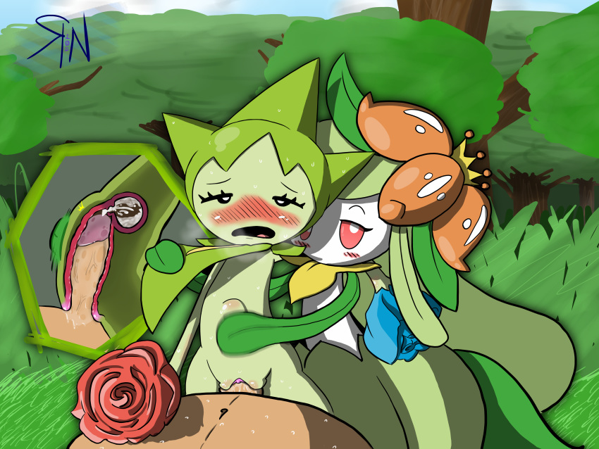 1boy 2girls background being_watched black_eyes blush cum cum_in_pussy cum_in_uterus cum_inside eyelashes female feral flat_chest flower grass green_skin half-closed_eyes hand_on_belly heavy_breathing human interspecies larger_male leaf lilligant male nintendo nude on_top open_mouth original_character outdoors penetration penis plant pokemon pokemon_bw pokemon_rse pokephilia pussy pussy_juice red_eyes roselia sex size_difference smaller_female source_request stomach_bulge straight text tongue watermark white_skin wide_hips x-ray