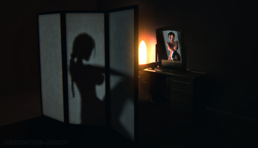 1girls 3d bedroom big_breasts braid braided_hair breasts brown_eyes brown_hair cleavage desk dressing_room female hourglass_figure lara_croft lara_croft_(classic) mirror nude realistic reflection shadow shy-hentai tomb_raider