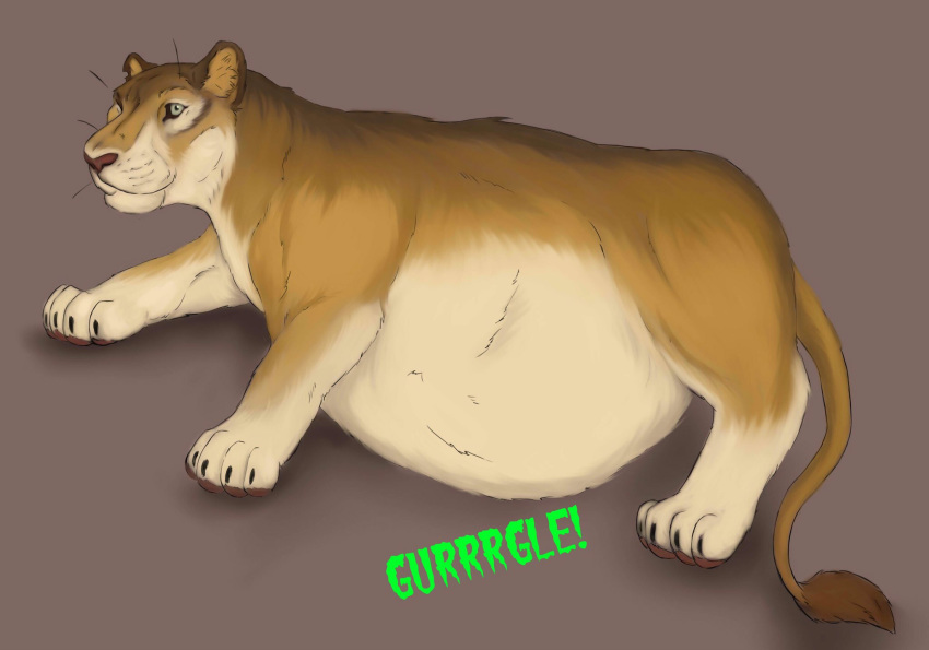 abdominal_bulge felid feral feralized hi_res lion mammal neon_fox pantherine simple_background solo vore