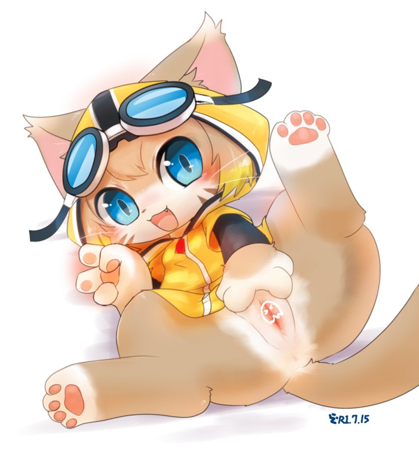 4_toes blue_eyes blush brown_fur censored clothing countershading cute_fangs domestic_cat ears_up eyewear felid feline felis female fur goggles hand_on_pussy happy hi_res inner_ear_fluff kemono leg_markings looking_at_viewer mammal markings pawpads pink_pawpads pussy rag._(artist) socks_(marking) solo spread_legs spreading toes tongue whiskers white_countershading