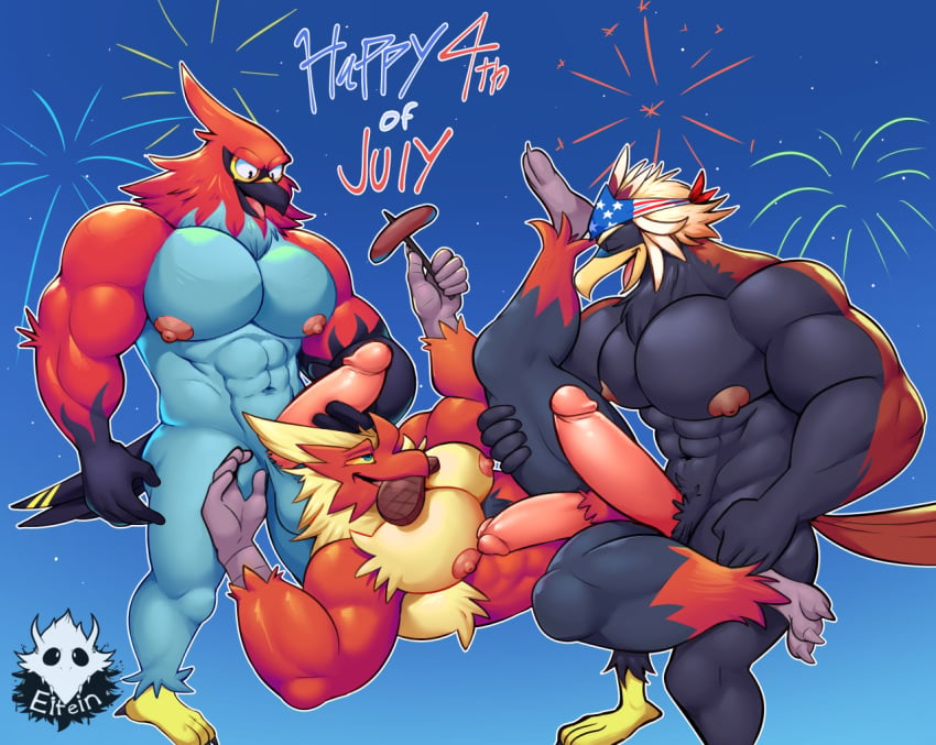 2019 3boys abs anthro anthrofied avian bird blaziken braviary elfein erection fur group hair huge_penis male male_only moobs nintendo nipples nude original_character penis pokemon pokemon_(species) pokemon_bw pokemon_rse pokemon_xy simple_background smile talonflame testicles text video_games watermark