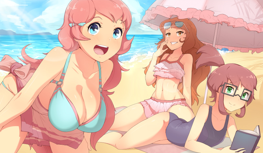 3girls ahoge beach bikini blue_eyes blush book competition_swimsuit figgotry flat_chest glasses green_eyes hanging_breasts huge_breasts k-t_(lugame) large_breasts lens_flare lugame lying_down lying_on_belly midriff ocean one-piece_swimsuit orange_eyes orange_hair parasol pink_hair red_hair sand school_swimsuit sky small_breasts smug stacey_(lugame) sunglasses sunglasses_on_head swimsuit thick_thighs tifa_(lugame)