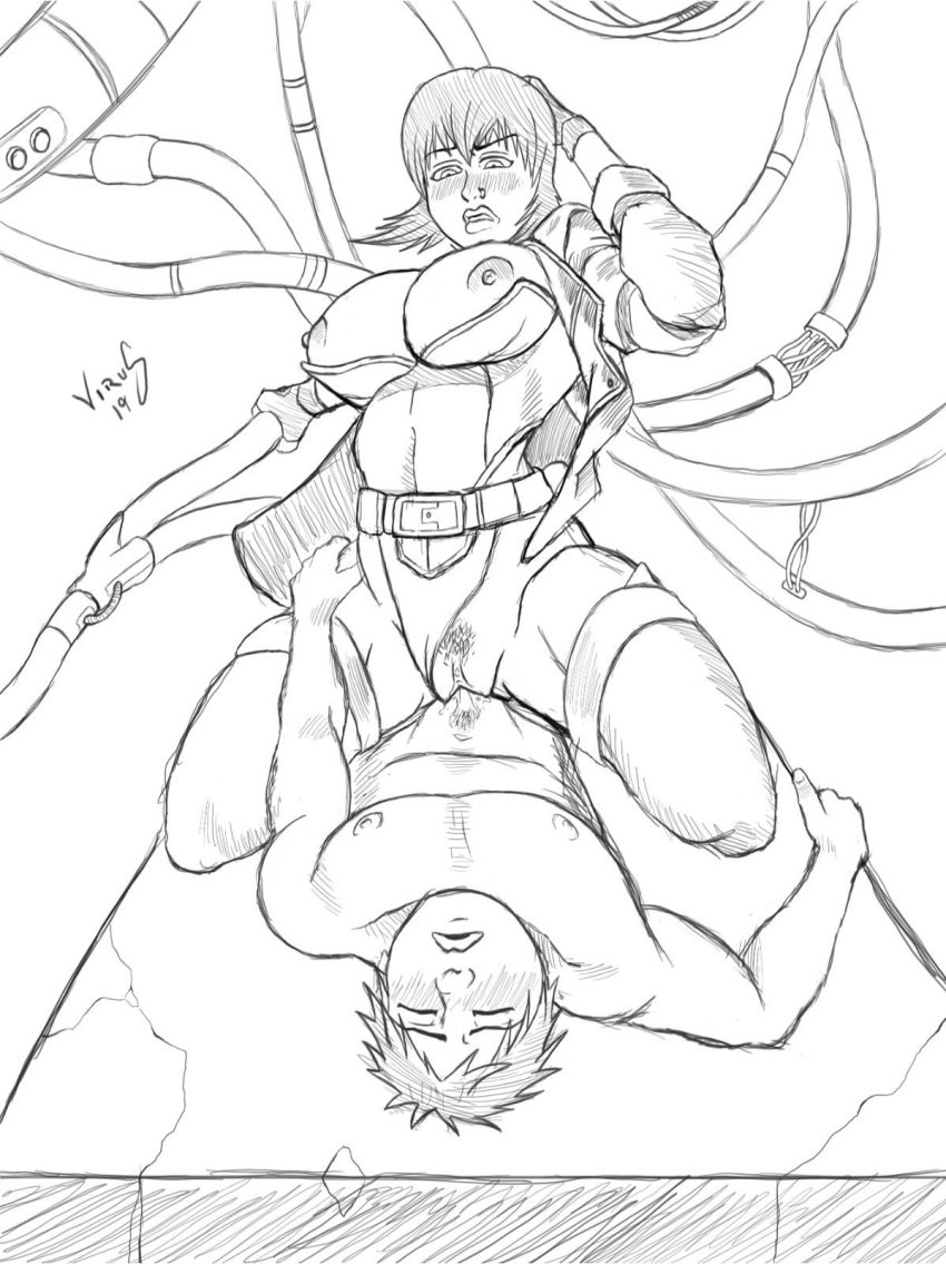 1boy 1girls 2019 belt big_breasts blush breasts cables cowgirl_position female fingerless_gloves ghost_in_the_shell ghost_in_the_shell_stand_alone_complex hand_on_head hands_on_hips jacket kusanagi_motoko line_art male monochrome open_jacket pubic_hair pussy pussy_juice short_hair straight thick_thighs thighhighs vagina vaginal_penetration virus_infected_art