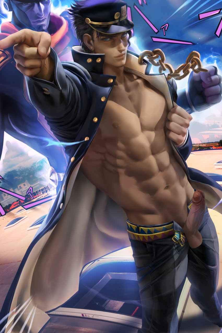 1boy abs chains green_eyes jacket jojo's_bizarre_adventure jotaro_kujo male_only muscles muscular_male nude pecs pectorals penis sakimichan solo_male stand_(jjba) star_platinum stardust_crusaders