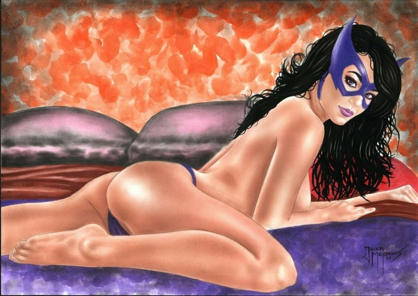 1girls ass barefoot batman_(series) bed bedroom birds_of_prey black_hair blue_eyes breasts dat_ass dc dc_comics ed_benes_studio eyeshadow female female_only helena_bertinelli human huntress_(dc) jean_medeiros justice_league long_hair lying lying_down lying_in_bed lying_on_stomach makeup mascara mask no_bra panties pinup purple_lips purple_lipstick purple_mask purple_panties purple_thong solo superheroine thick_thighs thighs thong topless