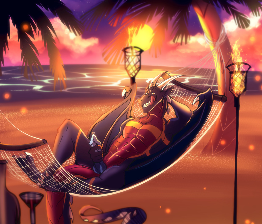 anthro beach bodily_fluids bunsen dragon genital_fluids hammock hi_res licking male male_only masturbation penis precum scalie sea seaside slurku solo sunset teeth tongue tongue_out water western_dragon