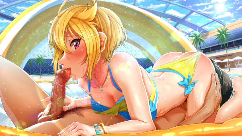 1boy 69 ahoge ass bikini bikini_aside black_hair blonde_hair blue_sky blush breasts cleavage clothed_female_nude_male cloud cowgirl_position cunnilingus day erection fellatio female happy_sex highres ibuki_tsubasa idolmaster idolmaster_million_live! idolmaster_million_live!_theater_days jewelry kilesha kirewisha licking lying medium_breasts necklace nude on_back open_mouth oral outdoors panties panties_aside penis pool poolside pubic_hair saliva sex short_hair sky straight swimsuit tongue tongue_out tree underwear veins veiny_penis wet