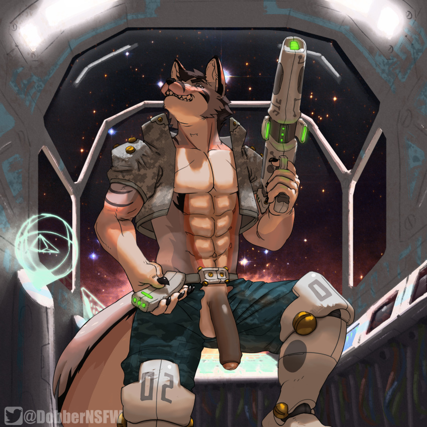 1:1 absurd_res anthro balls canid canine canis clothed clothing crotchless digital_media_(artwork) dobbernsfw fur gun hi_res humanoid_penis male male_only mammal muscular muscular_male penis ranged_weapon solo space weapon wolf