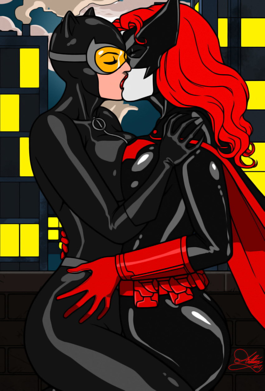 2girls batman:_bad_blood batman:_hush batman_(series) batwoman black_bodysuit bodysuit breast_press breasts building cape catwoman closed_eyes clothing couple dc_comics dcamu dcuaom duo female female/female female_only gloves kaywest kissing large_breasts lips lipstick long_hair multiple_females multiple_girls mutual_yuri night night_sky outdoors outside red_gloves red_hair red_lipstick skin_tight sky standing straight_hair symmetrical_docking yuri