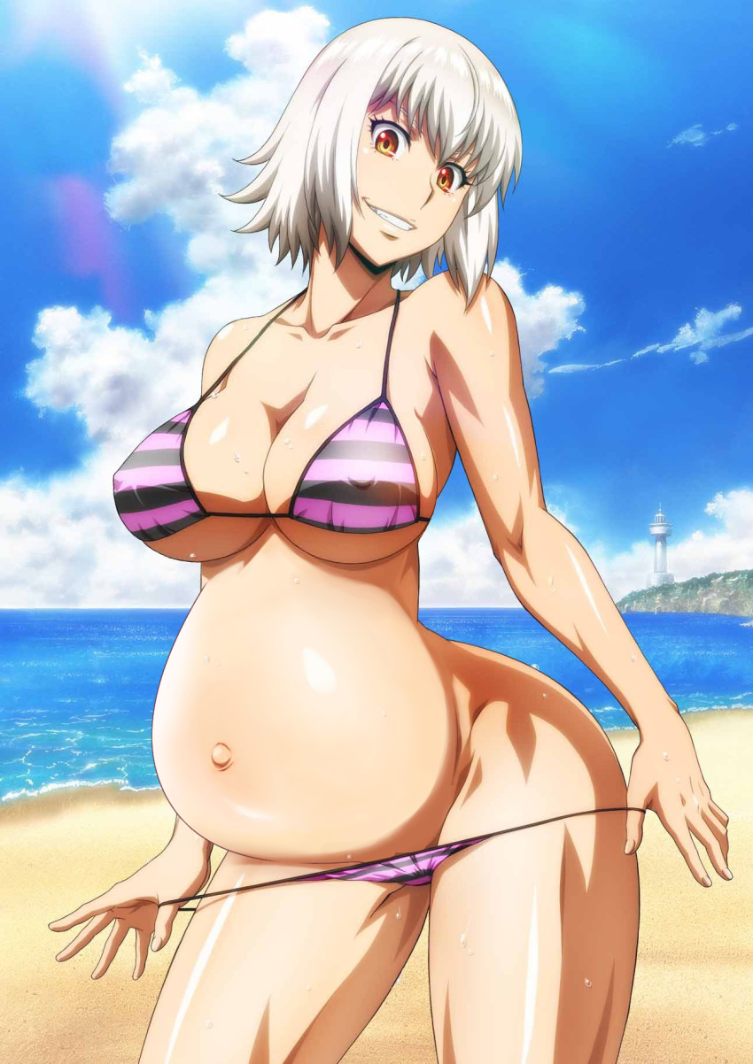 1girls beach bikini edit hitomi_uzaki killing_bites official_art pregnant ready_to_pop screenshot_edit silver_hair solo solo_female striped_thong swimsuit tagme third-party_edit thong thong_pull white_hair