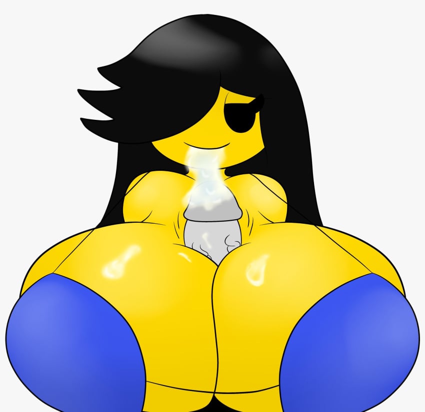 1boy 1girls bedroom_eyes black_hair blue_bra bra cum cum_in_mouth cum_on_breasts female grey_skin hair_over_one_eye half-closed_eye huge_breasts large_breasts long_hair looking_at_viewer looking_pleasured male noob noobette outercourse paizuri penis roblox robloxian smile straight suck terebision veiny_penis white_background white_penis yellow_skin