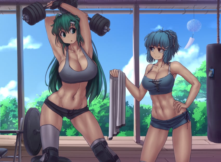 2girls abs big_breasts blue_hair green_eyes green_hair hater_(hatater) kogasa_tatara muscular muscular_female punching_bag sanae_kochiya tagme touhou weightlifting weights yuri