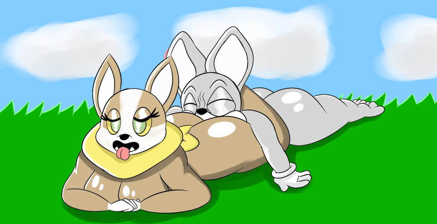 1girls 4_fingers all_fours ambiguous_gender anthro anthrofied ass big_ass big_ears blue_background breasts brown_fur canine chubby cleavage closed_eyes clouds day eyelashes feet female furry gloves grass green_eyes grey_fur half-closed_eyes huge_breasts interspecies mouth nintendo nude open_mouth oral original_character pokémon_(species) pokemon pokemon_(species) pokemon_ss shortstack sky smile source_request teeth thick_thighs tongue tongue_out white_fur wide_hips yamper yellow_fur yellow_sclera
