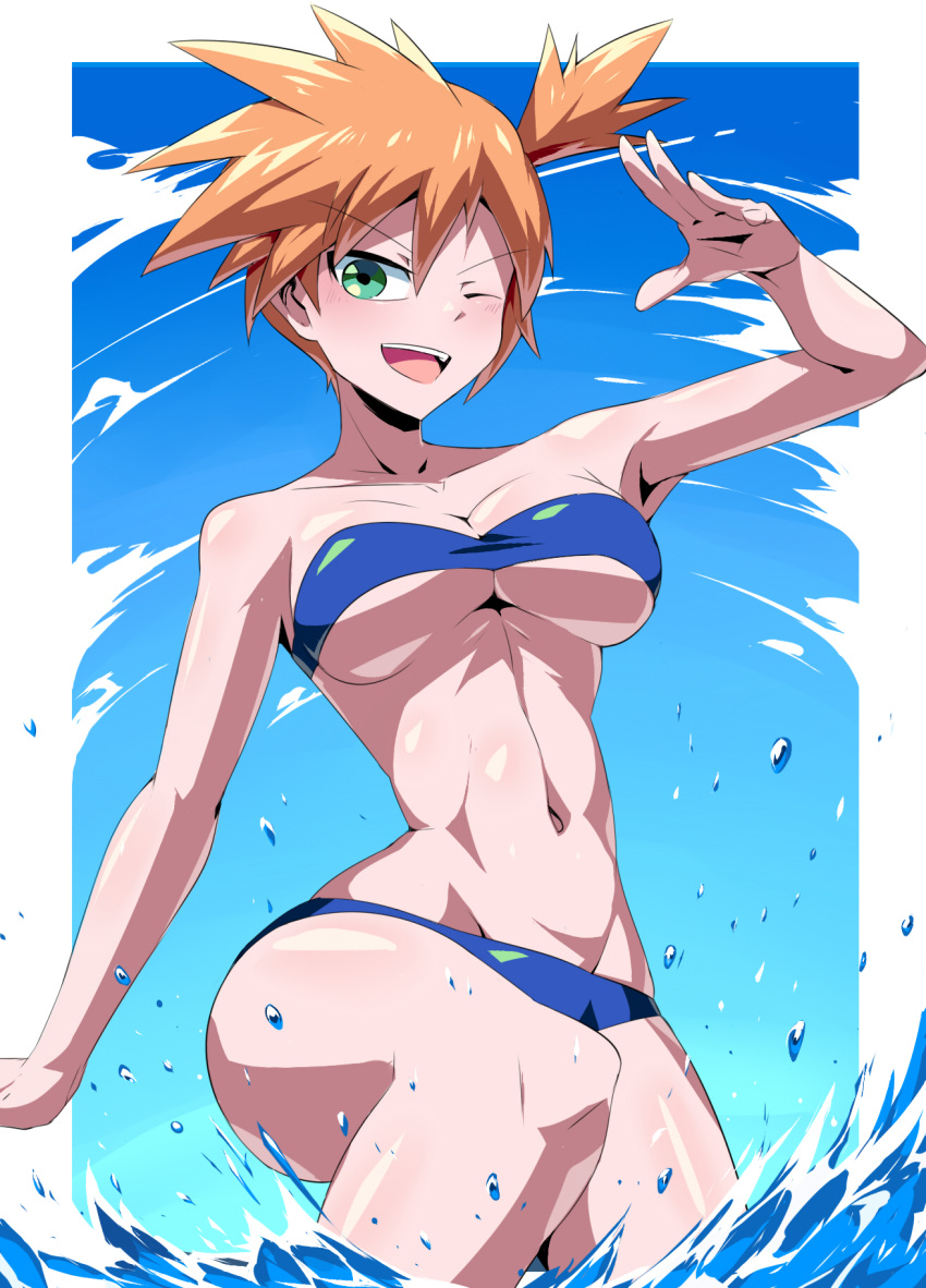 1girls 2019 abs adapted_costume aged_up alternate_breast_size alternate_costume alternate_outfit arm_up armpits ass bare_shoulders belly big_breasts bikini blue_background blue_bikini blue_swimsuit blush breasts cleavage clothed day eye_contact eyebrows_visible_through_hair female female_only green_eyes gym_leader human human_only kasumi_(pokemon) looking_at_viewer medium_breasts midriff misty_(pokemon) misty_(pokemon_rgby) navel nintendo older_female one_eye_closed open_mouth orange_hair outdoors partially_submerged pokemon pokemon_rgby short_hair short_orange_hair side_ponytail sideboob sky smile solo splashing standing suzusiigasuki swimsuit teeth thick_thighs thighs thin_waist tied_hair tongue underboob water white_border wide_hips wink