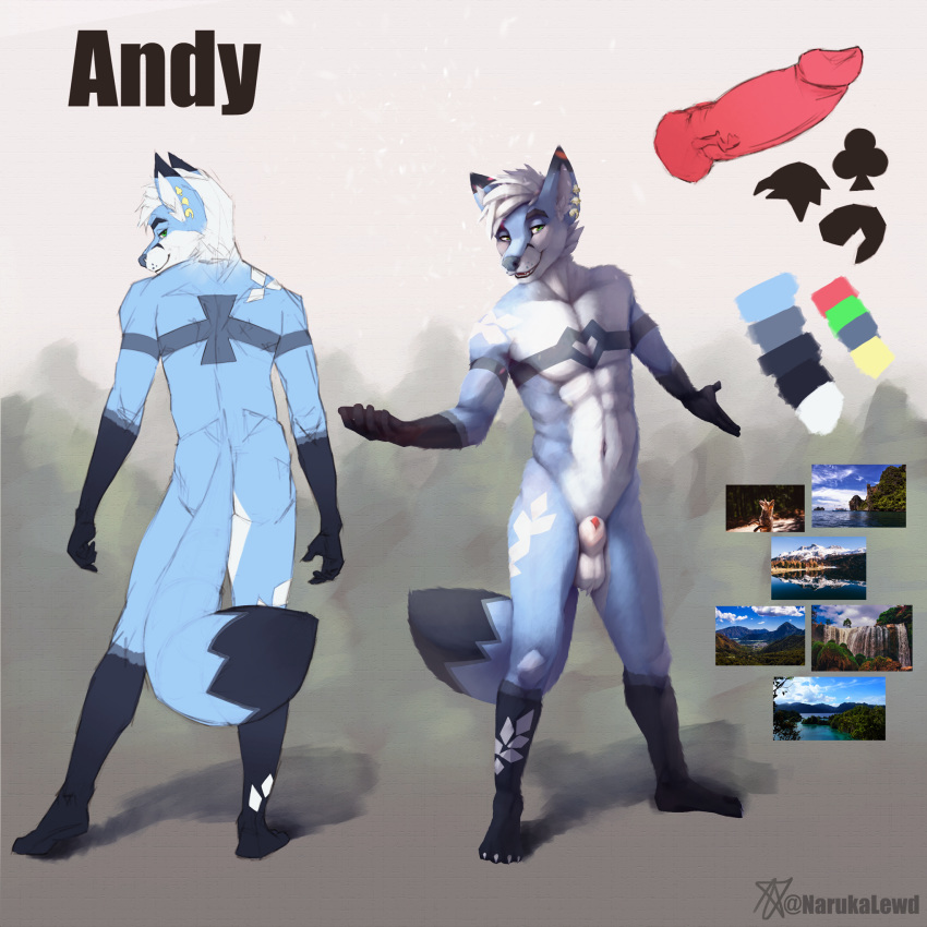 1:1 2019 abs andy_(character) animal_genitalia animal_penis anthro ass athletic balls big_tail black_fur blue_fur blush canid canine canine_penis claws ear_piercing ear_ring fluffy forest fully_sheathed fur furry green_eyes hair hi_res inviting jewelry long_tail looking_at_viewer male male_only mammal markings model_sheet naruka palette pecs penis piercing pink_penis sheath simple_background solo solo_male tattoo tree white_fur white_hair