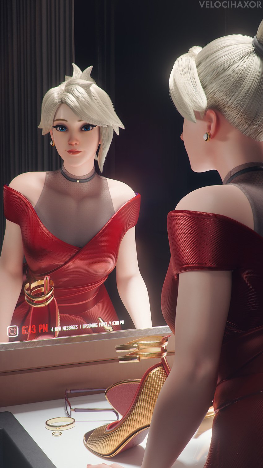 1girls 3d blizzard_entertainment clothed_female dress female female_focus female_only looking_at_viewer mercy mirror overwatch overwatch_2 red_dress solo solo_female velocihaxor