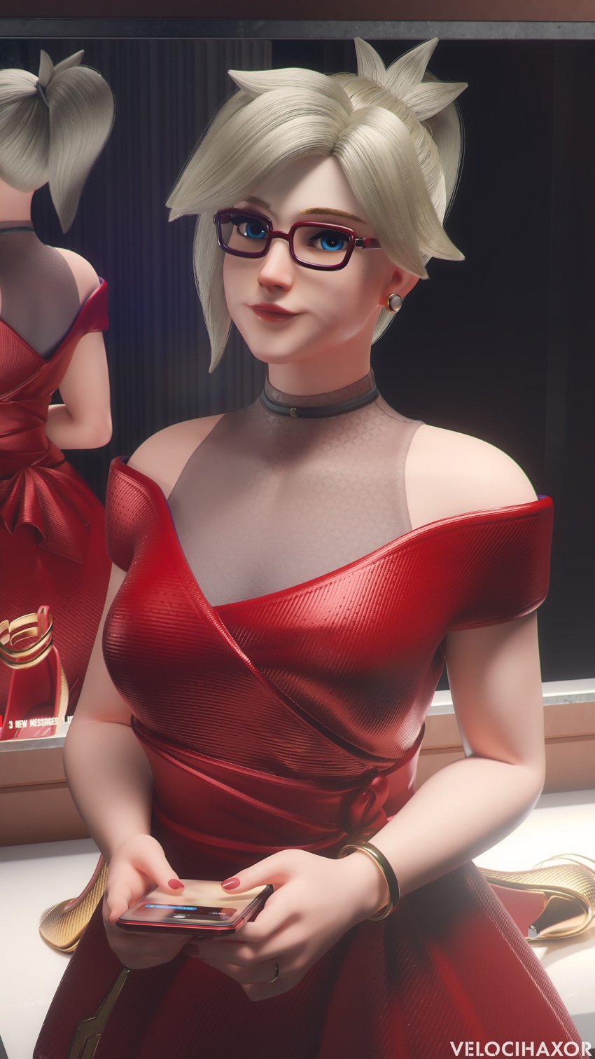 1girls 3d blizzard_entertainment clothed_female dress female female_focus female_only looking_at_viewer mercy mirror overwatch overwatch_2 red_dress velocihaxor