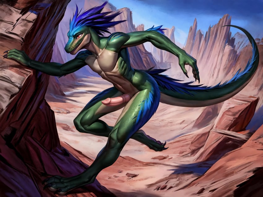 absurd_res action_pose ai_generated anthro claws cloacal_penis digital_painting_(artwork) furry furry_male furry_only hi_res male male_only running slim velociraptor