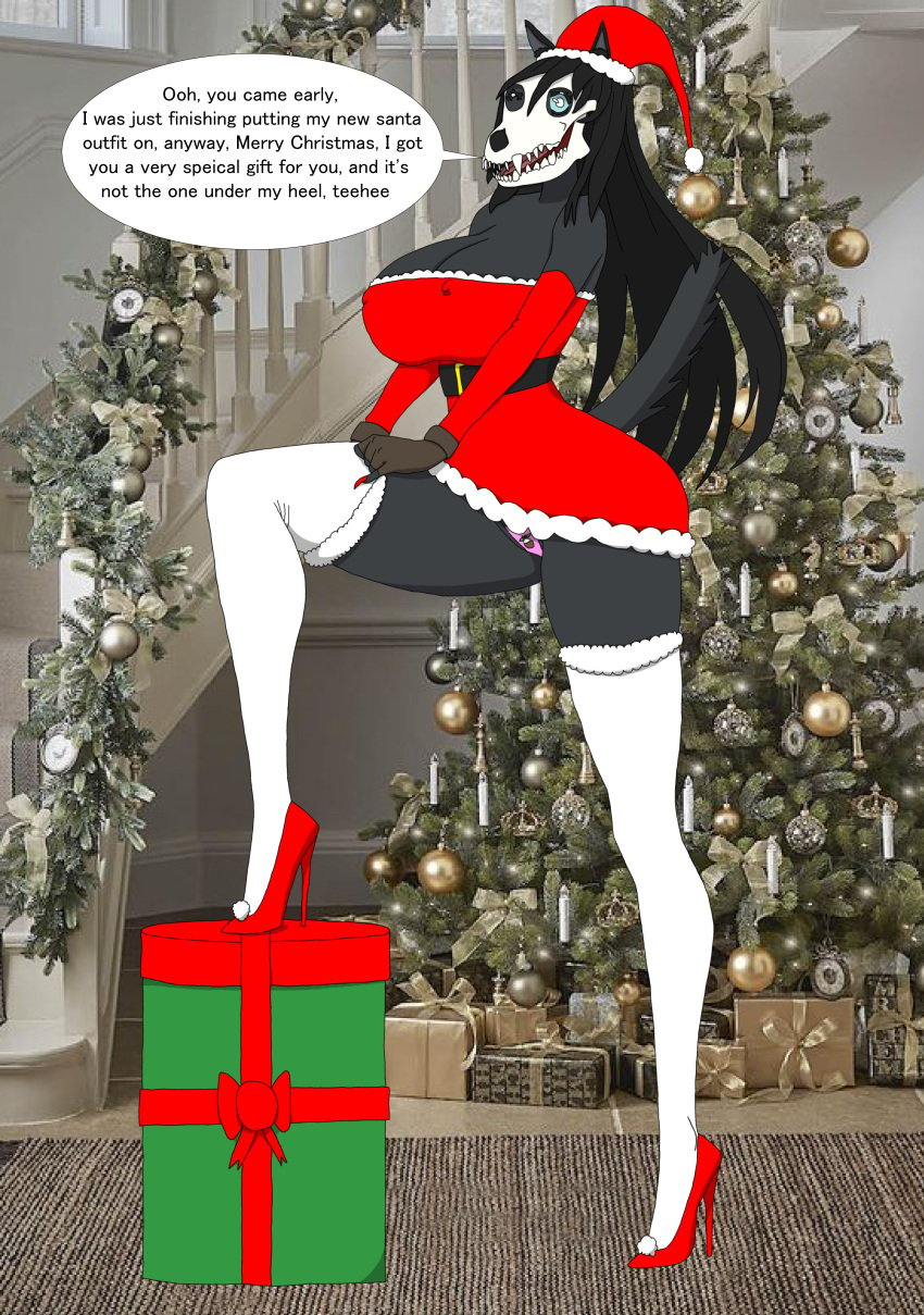 belt blue_eyes christmas cleavage detached_sleeves erect_nipples fingerless_gloves full_body furry gift gloves high_heels huge_breasts long_hair off_shoulder red_heels santa_costume santa_hat scp-1471 scp_foundation skull_face tail thighhighs twilight_jester underwear wink wolf_girl