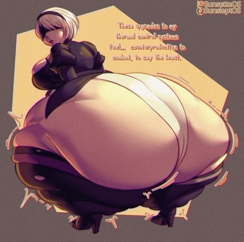 1girls ass bbw big_breasts blindfold breasts clothing english_text fat fat_ass female female_only hairband huge_ass hyper hyper_ass light-skinned_female light_skin nier nier:_automata obese rear_view short_hair solo ssbbw sunsleptos text thick_thighs thighhighs white_hair yorha_2b