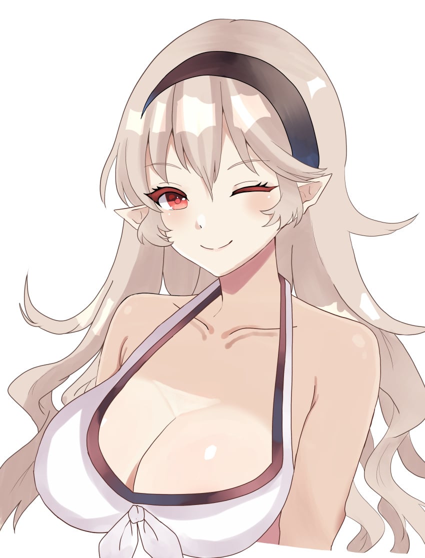 1girls big_breasts bikini cleavage corrin_(fire_emblem) corrin_(fire_emblem)_(female) fire_emblem fire_emblem_fates grey_hair hairband large_breasts looking_at_viewer n_54 nintendo pointy_ears red_eyes smile swimsuit wink winking_at_viewer