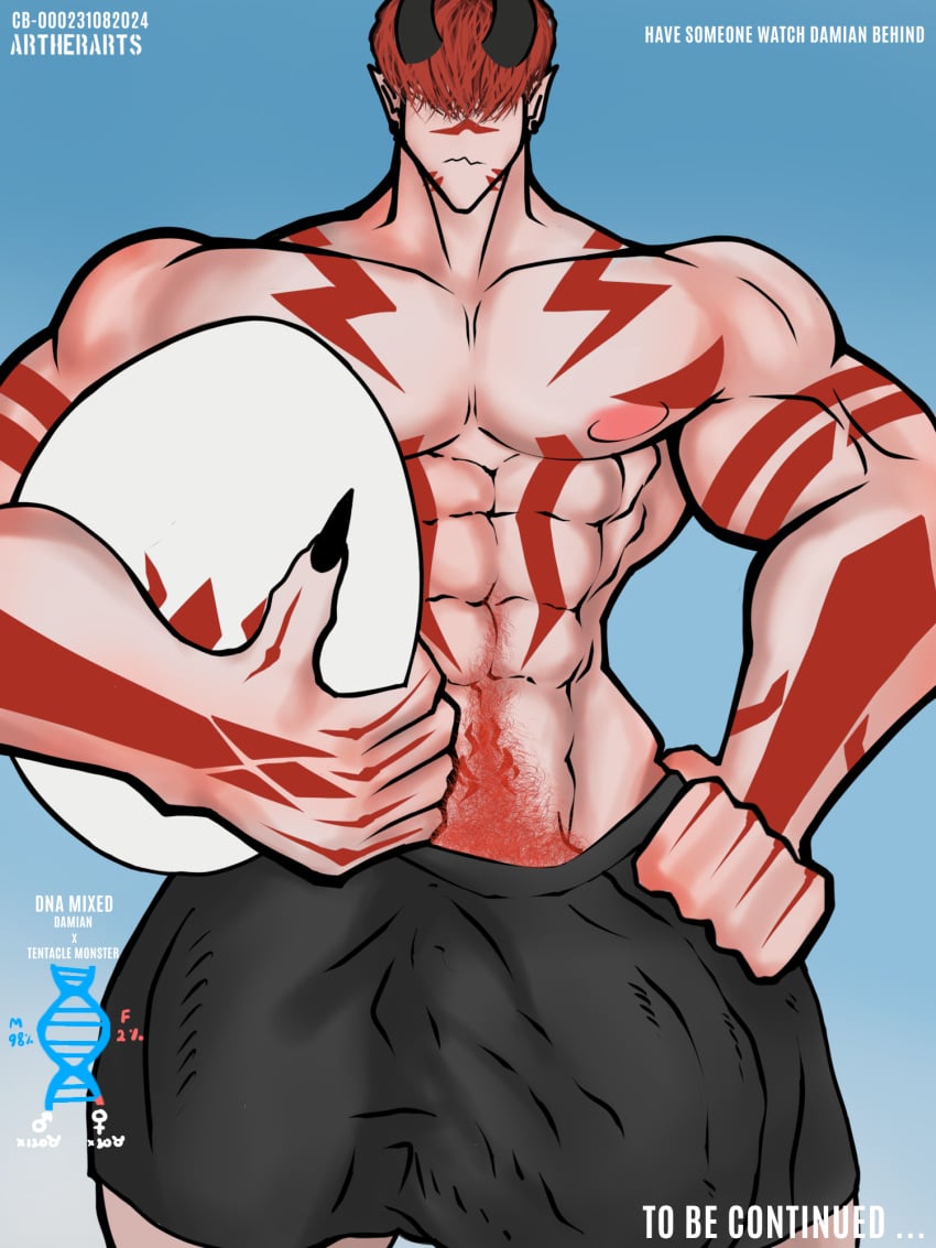 1boy 1male abs artherarts beach biceps blue_eyes damian_arron_(artherarts) egg egg_laying fertilization impregnation_risk insects interspecies male male_focus monster multiple_monsters muscles muscular muscular_male precum pubic_hair red_hair tail tall taller_male tattoo tentacle text worm zoophilia