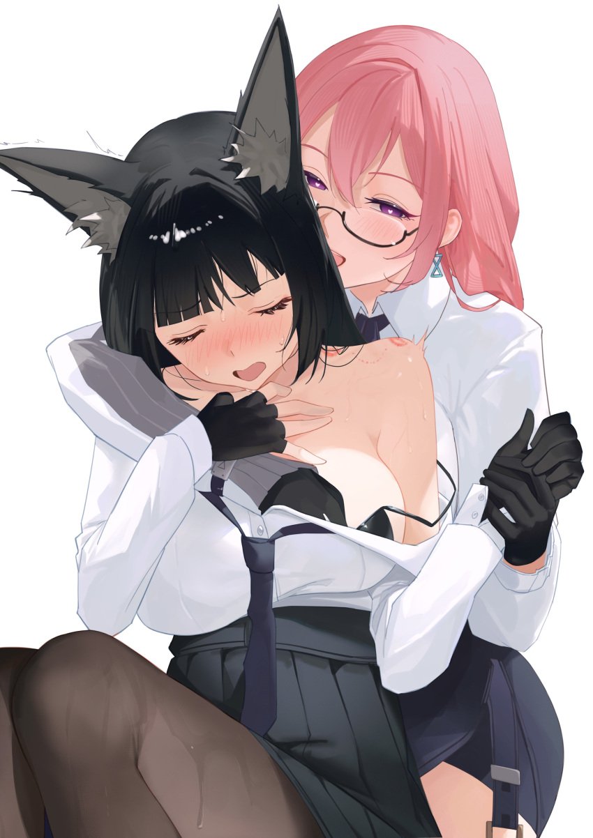 2girls assertive_female bite_mark black_hair blush breast_grab closed_eyes female femdom glasses grabbing_another's_breast groping heart-shaped_pupils hickey hoshimi_miyabi lipstick_mark mommy pink_hair submissive_female sweat tsukishiro_yanagi undressing yuri zenless_zone_zero