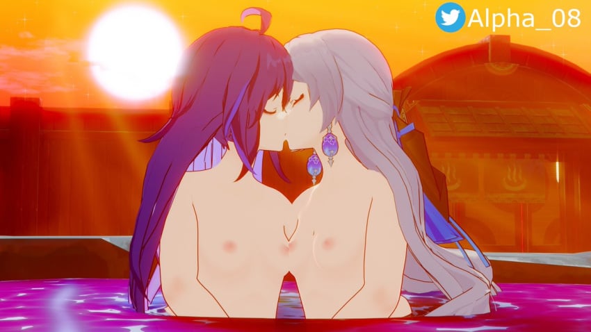 2girls alpha_08 breasts_to_breasts bronya_rand female/female female_only honkai:_star_rail hot_spring kissing lesbian lesbian_kiss purple_hair seele_(honkai:_star_rail) silver_hair small_breasts sunset yuri