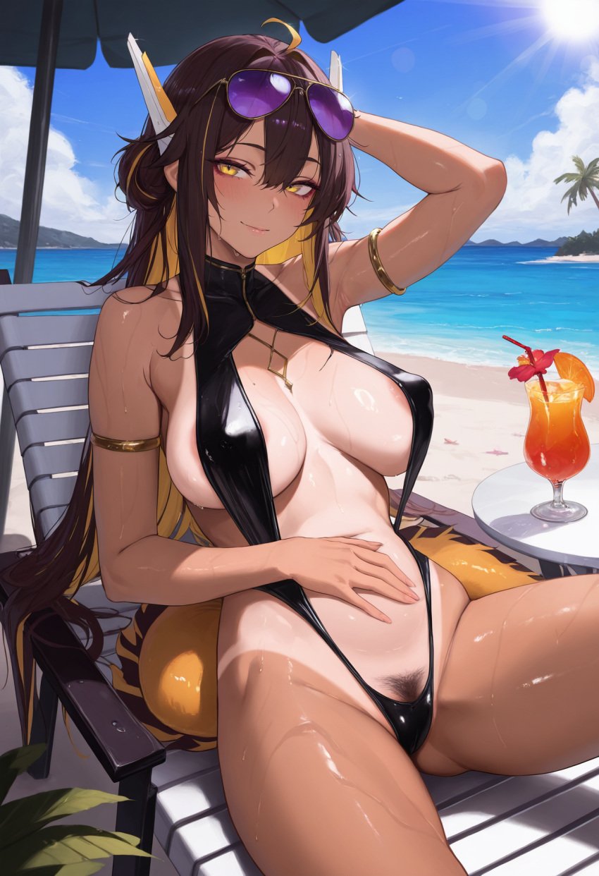 ahe_gao ai_generated ass beach big_breasts brown_hair e-sekai eel eyewear_on_head female female_only huge_breasts idol-en idol_corp juna_unagi pubic_hair sunglasses swimsuit tan_body tanlines virtual_youtuber vtuber yellow_eyes