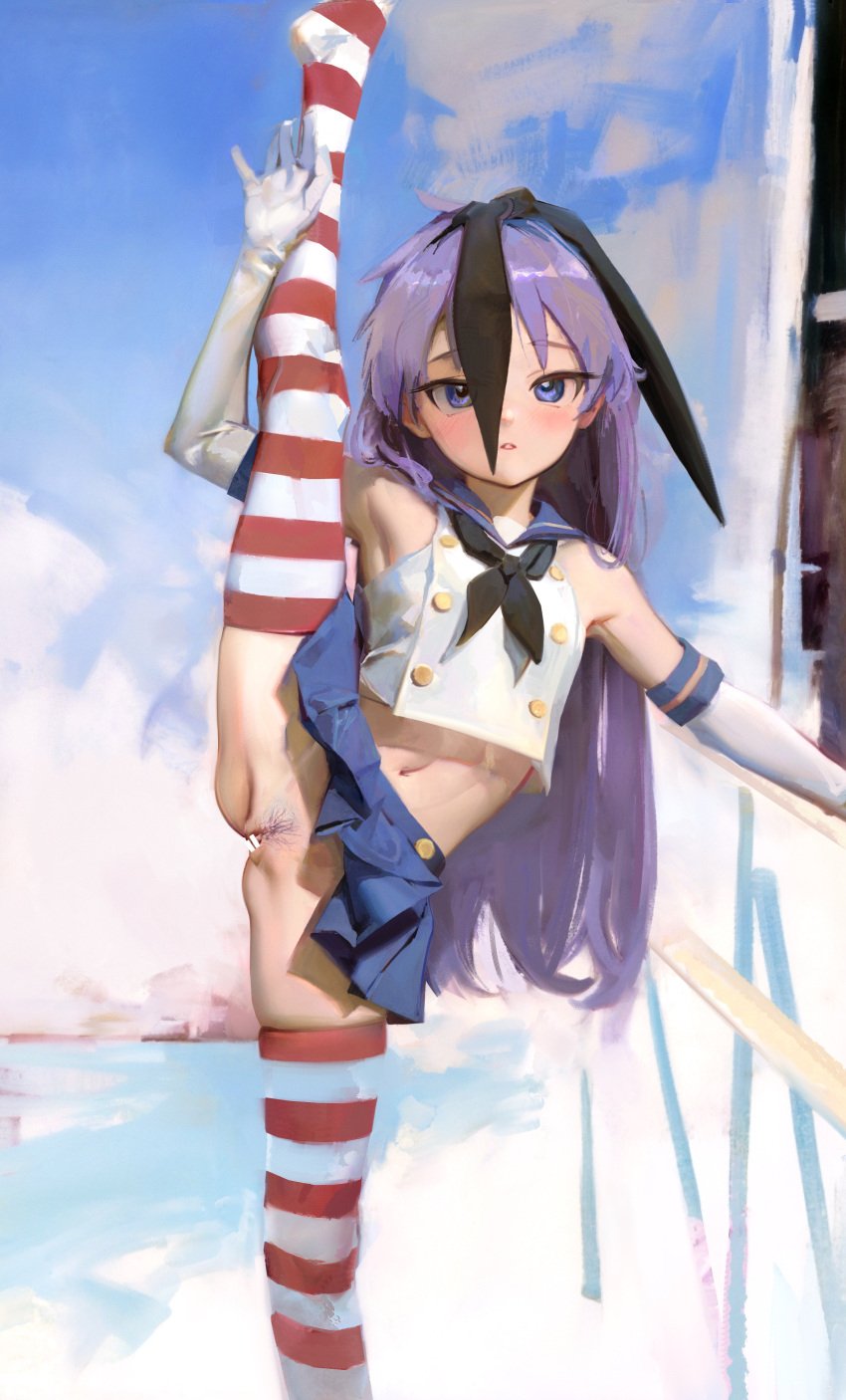 absurdres bar_censor bare_shoulders black_neckerchief blue_eyes blue_skirt blush censored cosplay crop_top elbow_gloves female female_pubic_hair flat_chest gloves hairband highres hiiragi_kagami kantai_collection long_hair looking_at_viewer lucky_star miniskirt navel neckerchief no_panties parted_lips pleated_skirt pubic_hair purple_hair pussy sailor_collar shimakaze_(kancolle) shimakaze_(kancolle)_(cosplay) skirt solo split standing standing_on_one_leg standing_split sweetonedollar white_gloves