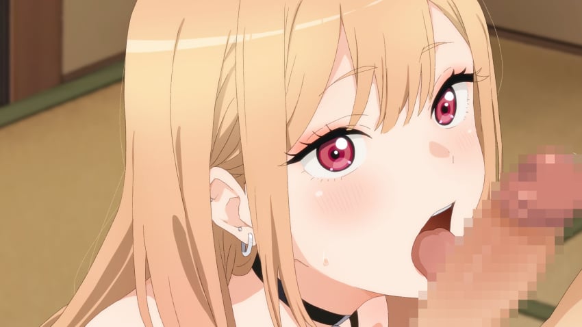 1boy 1girls black_choker blonde_hair censored choker ear_piercing earrings fellatio female gyaru highres human jewelry kitagawa_marin kneeling licking licking_penis long_hair male mosaic_censoring open_mouth oral penis penis_lick piercing pink_eyes portrait solo_focus sono_bisque_doll_wa_koi_wo_suru straight tatami teeth tongue toraya_(doujintraya) upper_teeth_only