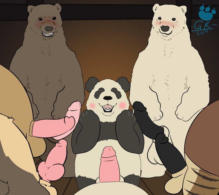 2019 absurd_res anthro balls belly black_fur blush brown_fur bunnybara erection fur giant_panda grizzly_(shirokuma_cafe) group hi_res male male/male mammal panda-kun penis polar_bear shirokuma shirokuma_cafe ursid ursine white_fur