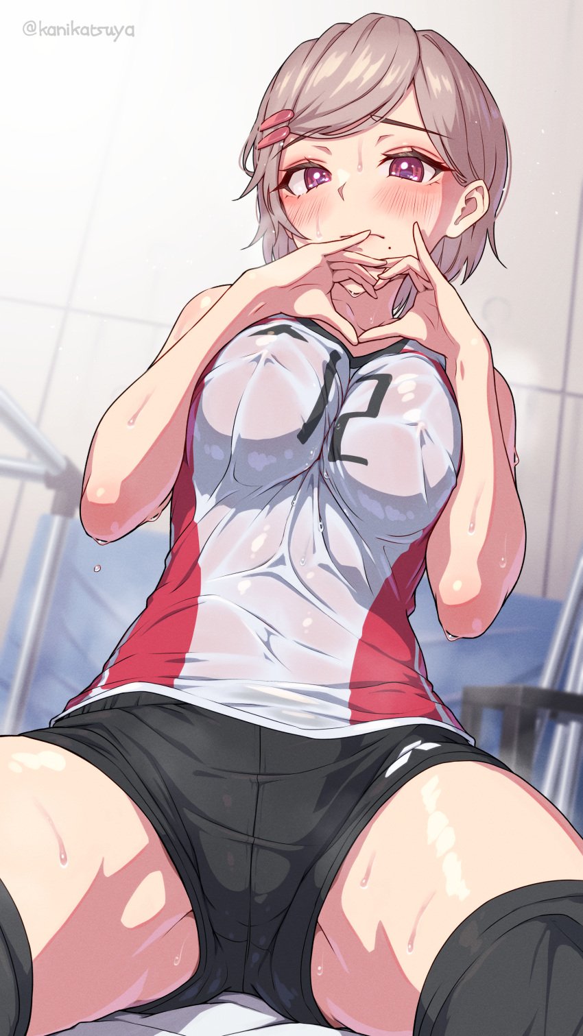 absurdres blush breast_press brown_hair covered_erect_nipples embarrassed female hair_ornament heart heart_hands highres kanikatsuya mole mole_under_mouth original pink_eyes see-through_clothes short_hair shorts sitting solo sportswear sweat two-tone_shirt volleyball_uniform wet wet_clothes