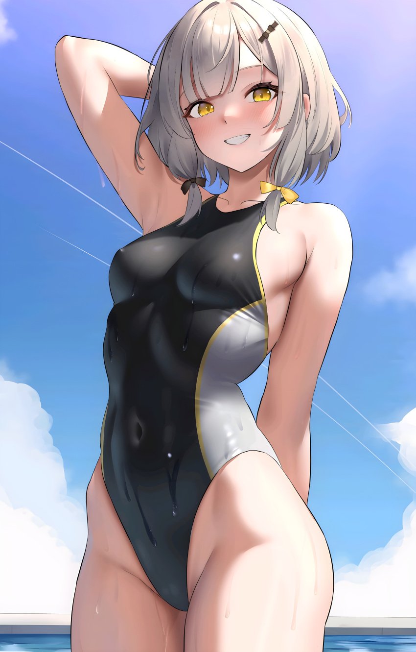 armpit armpit_peek armpit_peeking black_swimsuit black_swimwear blue_background blue_sky blush blushing_at_viewer bodysuit breasts cloud clouds day daytime female female_focus female_only grey_hair grey_outline h1rqg1_artist hi_res high_resolution highres maid medium_breasts nipple nipple_exposed one_arm_behind_head one_arm_up pool pov production_kawaii ribbons ribbons_in_hair sexy_body shee_icho short_hair slim_body slim_girl smiling smiling_at_viewer sunny_day swimming_pool swimsuit swimwear thighs upscaled virtual_youtuber vtuber wet wet_body wet_clothing wet_swimsuit wet_swimwear white_body white_hair white_skin yellow_eyes yellow_scales