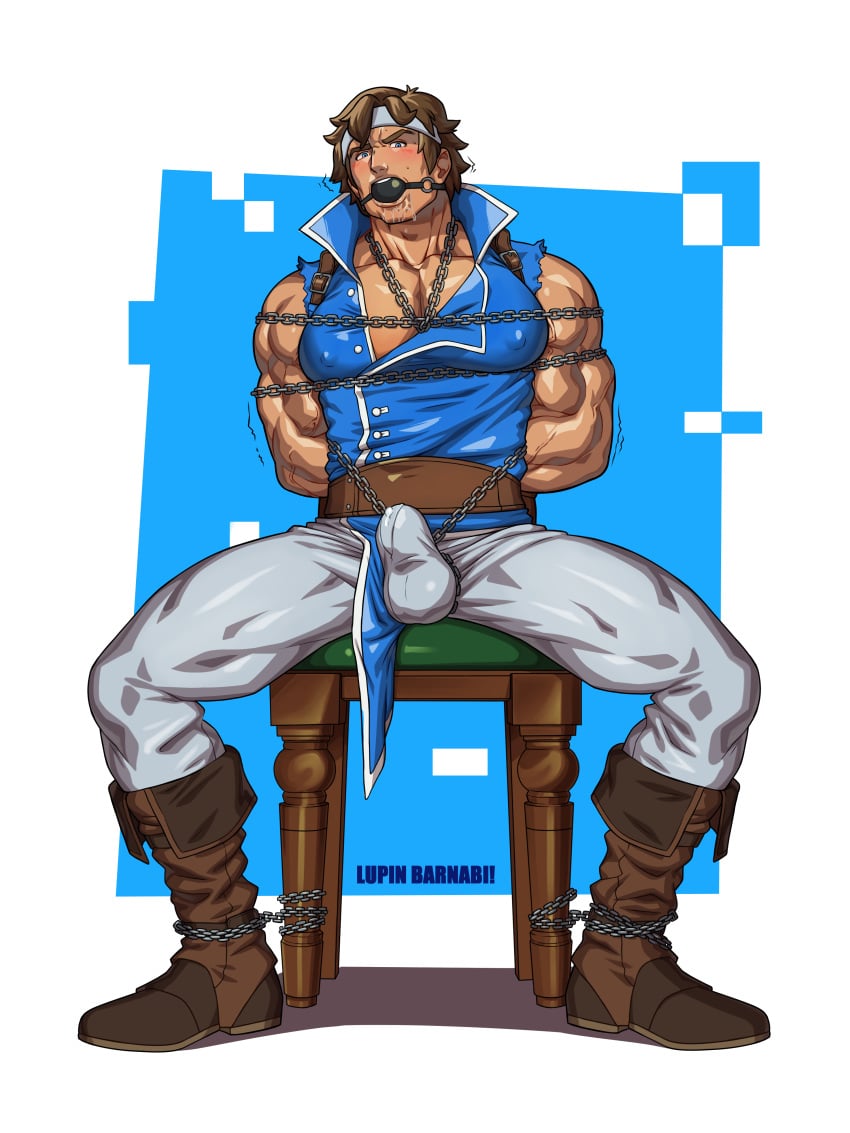 ball_gag balls bara boner bulge castlevania chains clothing erection erection_under_clothes fully_clothed hands_behind_back hands_tied_behind_back lupin_barnabi male male_only muscles muscular penis richter_belmont sitting solo solo_male