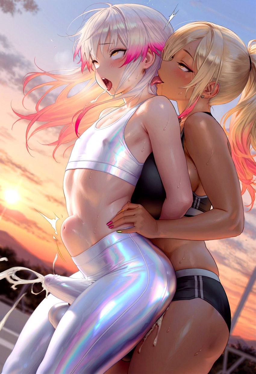 ai_generated anal cum_in_ass cum_through_clothes ejaculating_while_penetrated futa_on_male futanari height_difference multicolored_hair otoko_no_ko size_difference sports_bra yoga_pants