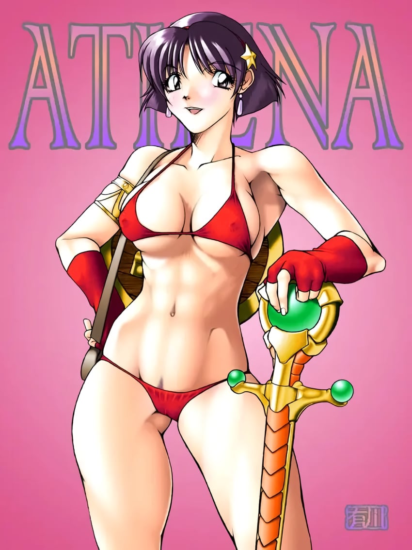 1girls alternate_hairstyle arikawa athena_(series) big_breasts bikini breasts busty cameltoe cleavage confident covered_erect_nipples female female_only fingerless_gloves gloves hand_on_hip highres large_breasts looking_at_viewer navel open_mouth pose posing princess_athena pubic_hair pubic_hair_peek purple_eyes purple_hair red_bikini shield short_hair sideboob smile solo swimsuit sword teeth toned tongue underboob weapon