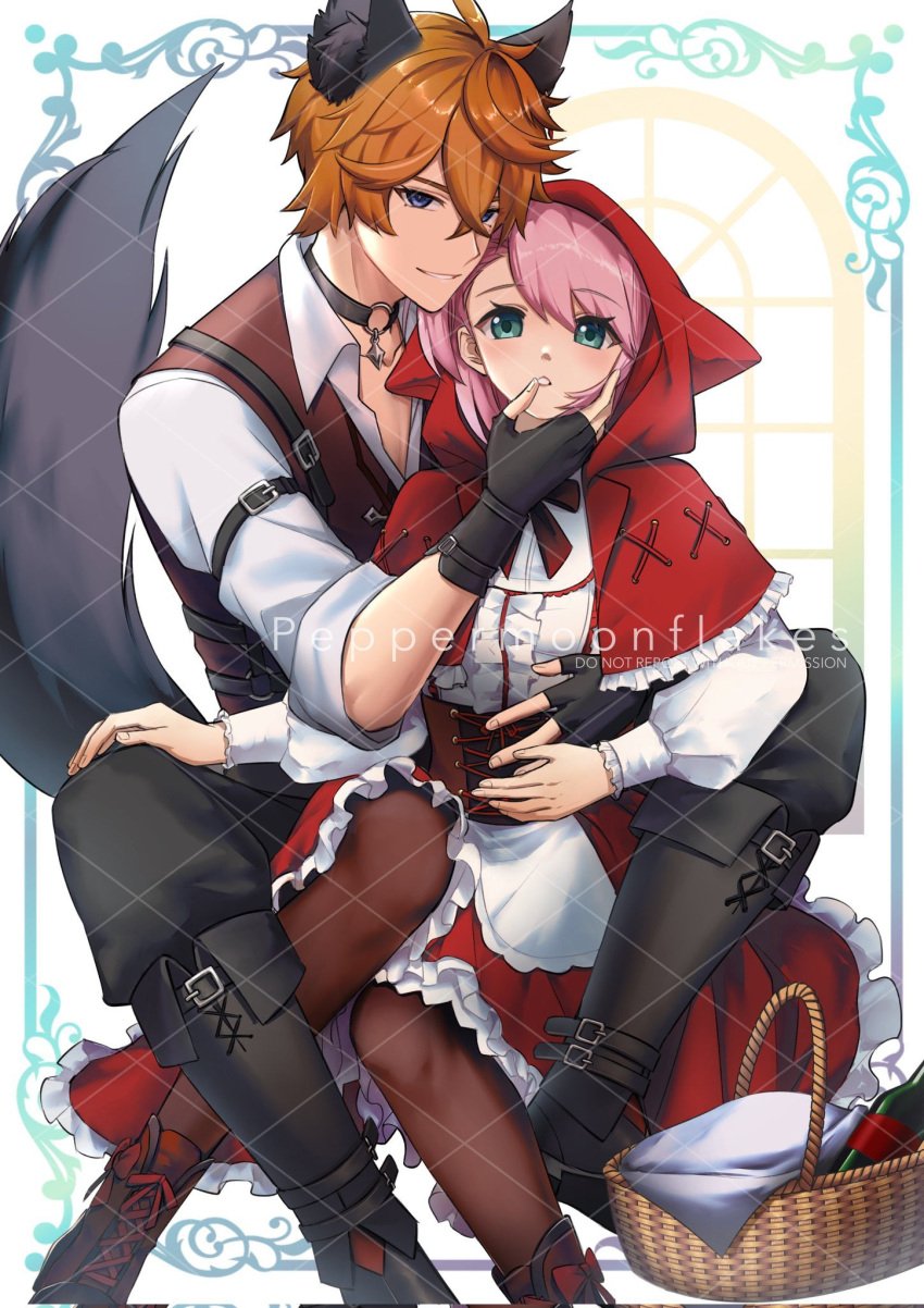 1boy 1girls arms_around_partner blue_eyes charlotte_(genshin_impact) childe_(genshin_impact) corset cosplay costume female finger_on_lip fingerless_gloves genshin_impact ginger halloween halloween_costume hugging hugging_from_behind legs_around_partner little_red_riding_hood little_red_riding_hood_(copyright) little_red_riding_hood_(cosplay) male male/female pantyhose pink_hair straight tartaglia_(genshin_impact) wolf_costume wolf_ears wolf_tail