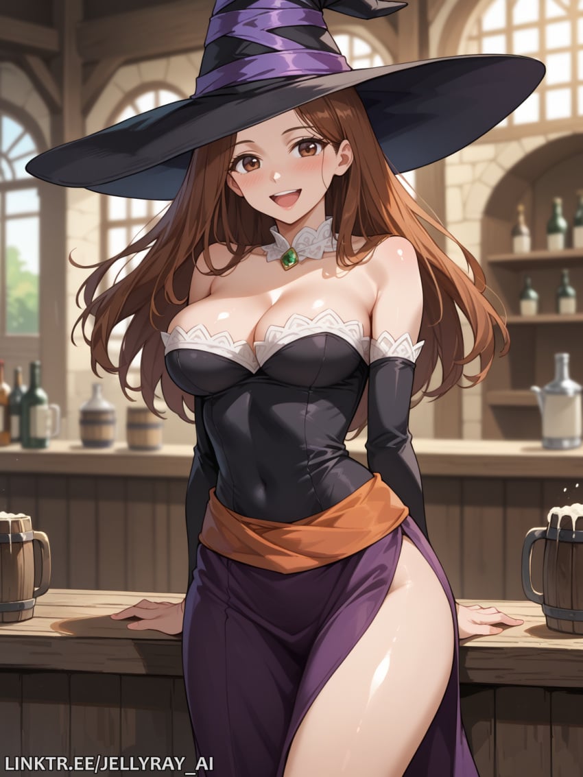 ai_generated alcohol bangs bare_shoulders beer black_headwear blush breasts brown_eyes brown_hair cleavage covered_navel cup detached_collar detached_sleeves dragon's_crown dress female hat indoors jellyray_ai large_breasts long_hair looking_at_viewer mug open_mouth side_slit smile solo sorceress_(dragon's_crown) strapless thighs witch_hat