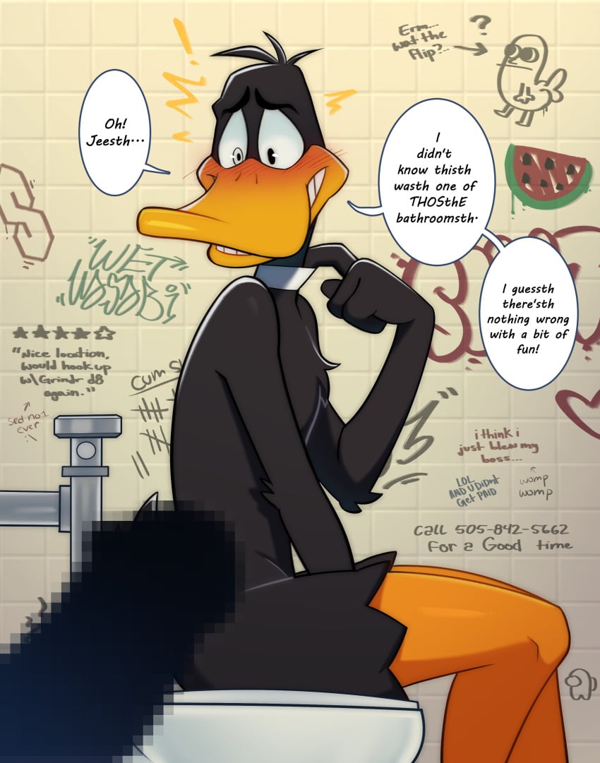 absurd_res amogus anatid andromorph anseriform anthro avian bird blush cool_s cuntboy daffy_duck dickbutt duck english_text genitals girly glory_hole graffiti graffiti_on_wall hi_res intersex looney_tunes meme penis sitting surprised tally_marks text the_looney_tunes_show toilet warner_brothers wetwasabi